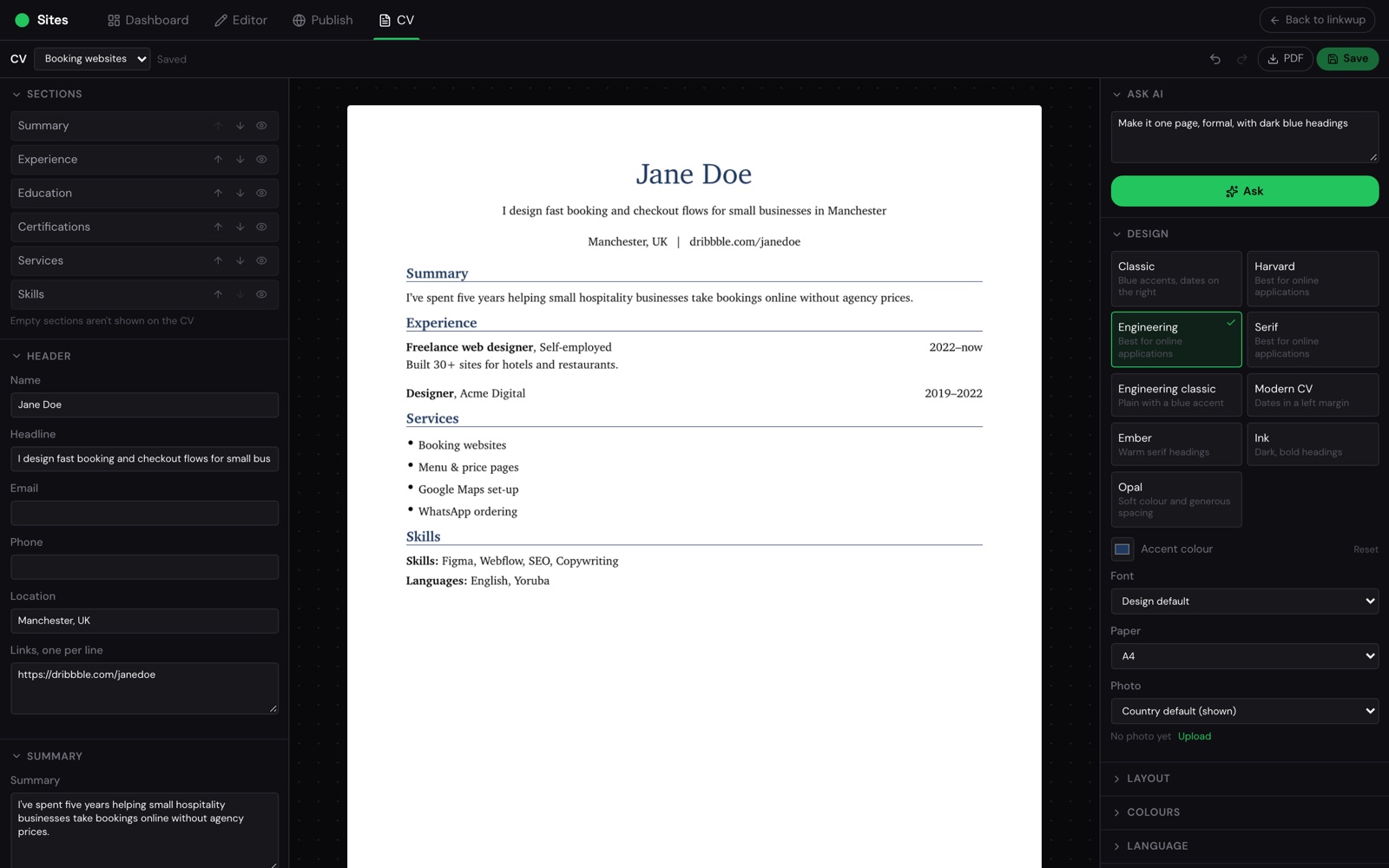 The CV builder showing a sample CV for Jane Doe beside its sections and design options