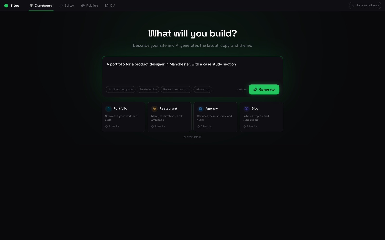 The site builder asking what to build, with a typed description of a portfolio for a product designer and a Generate button
