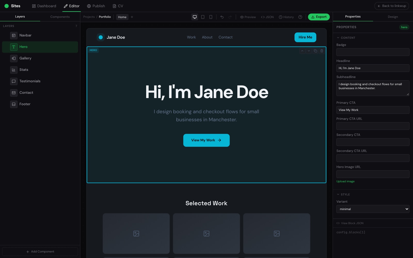 The site builder showing a portfolio page for Jane Doe with its blocks and properties